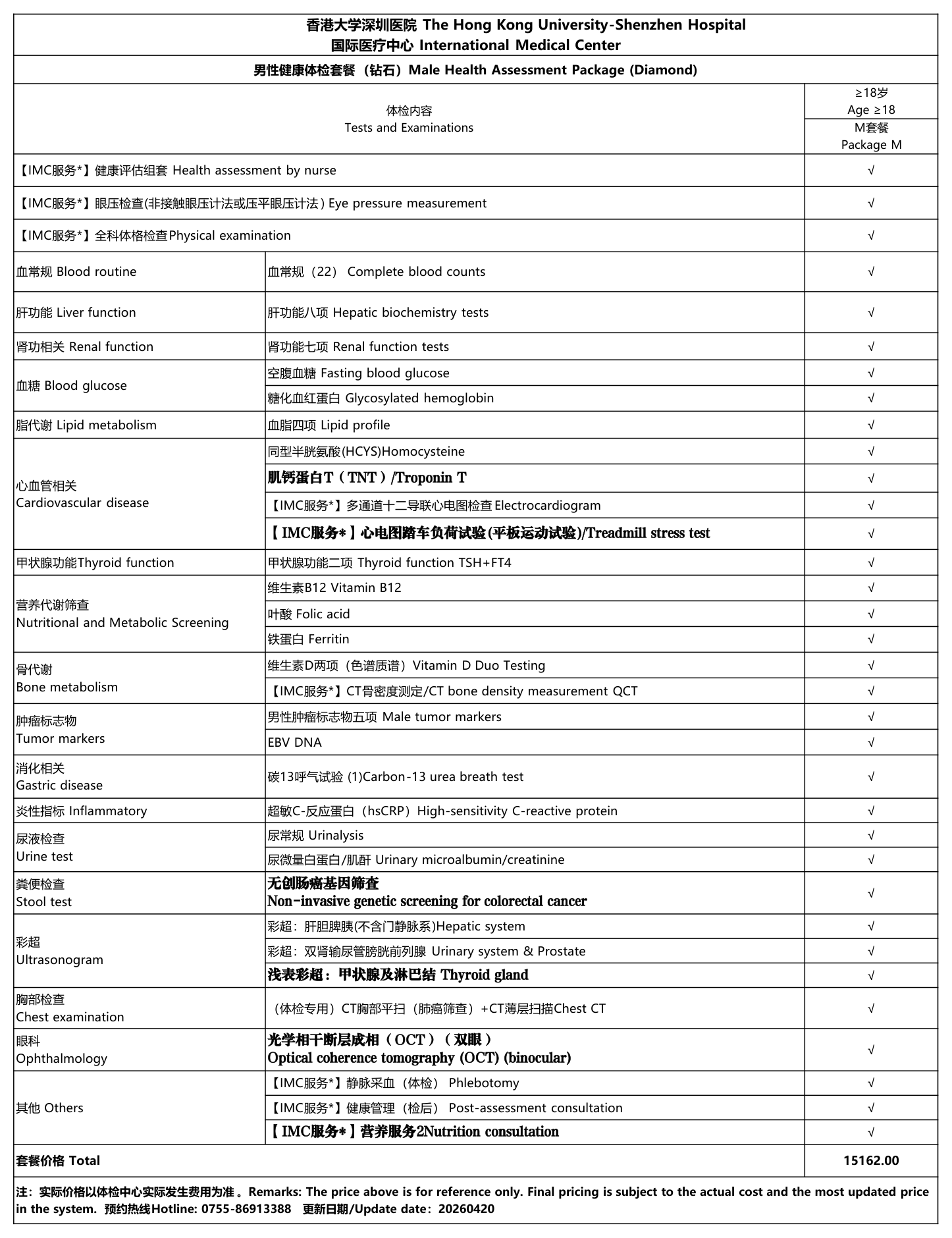 IMC Men's Health Checkup Package (Diamond) — tests, examinations and pricing at The Hong Kong University-Shenzhen Hospital International Medical Center