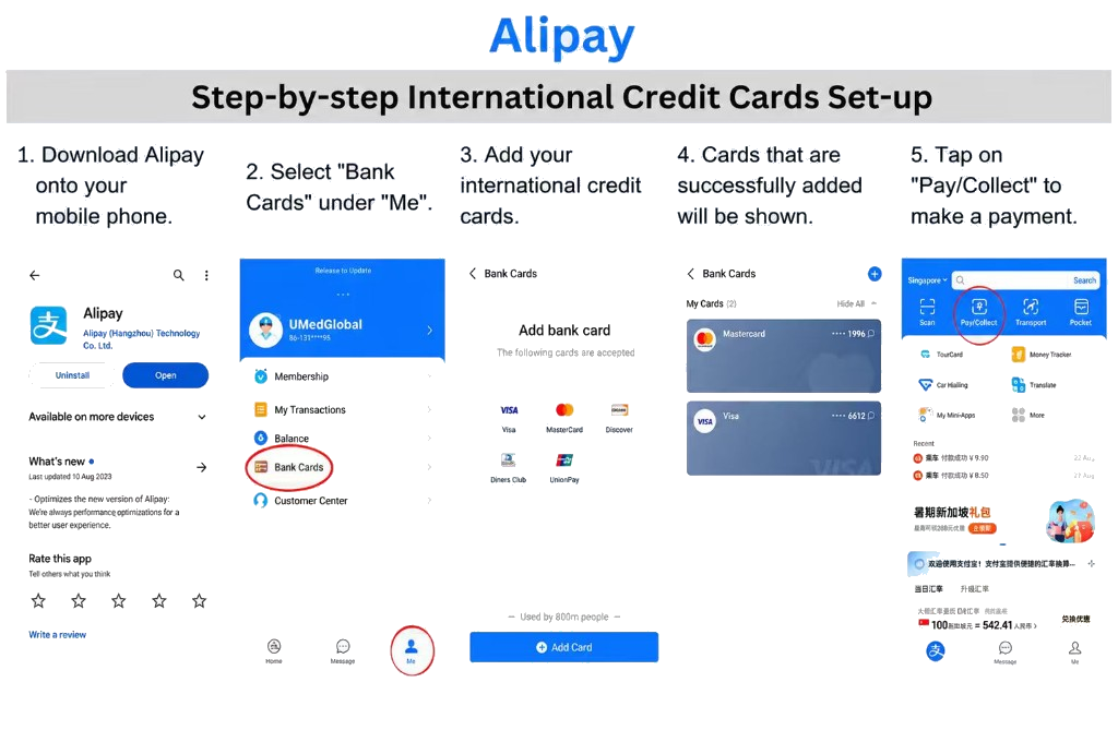 Alipay step-by-step international credit card set-up — download app, add bank cards, and pay