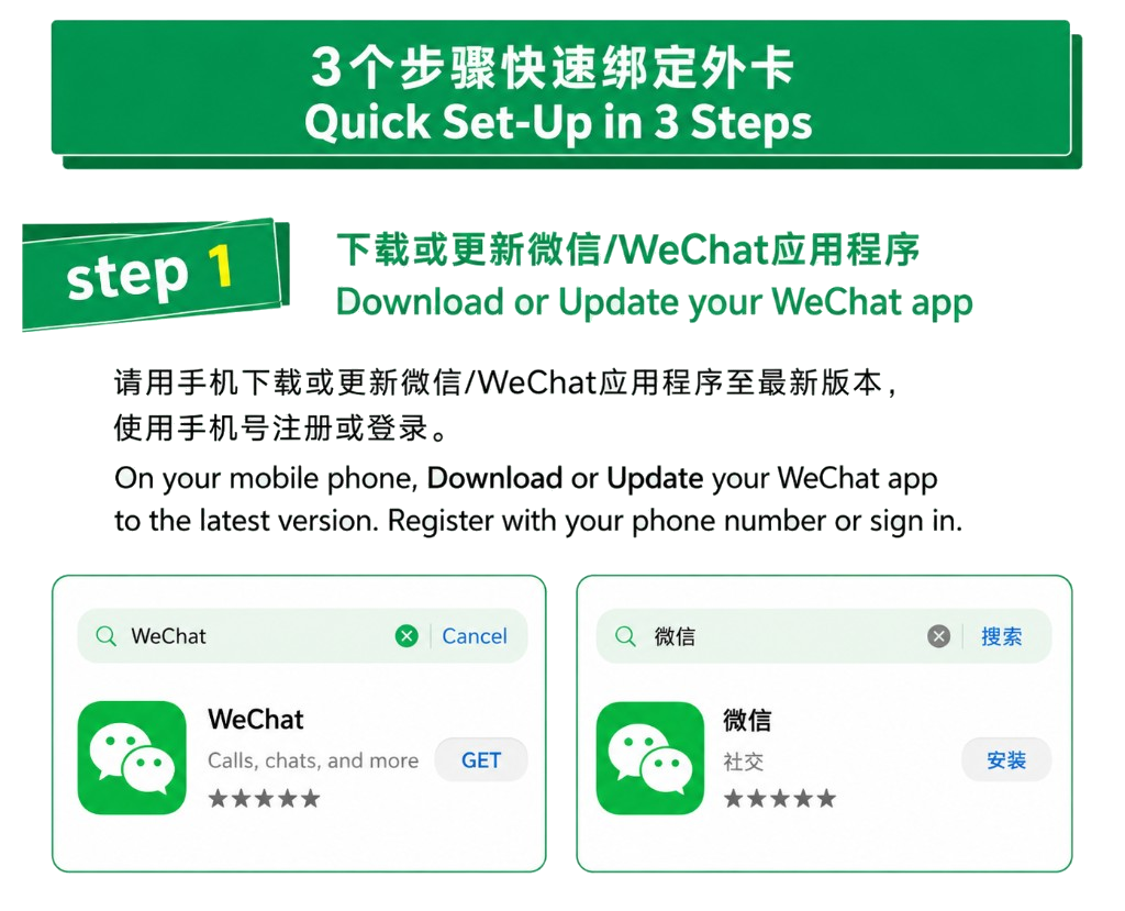 Quick set-up step 1 — download or update the WeChat app to the latest version and register with your phone number